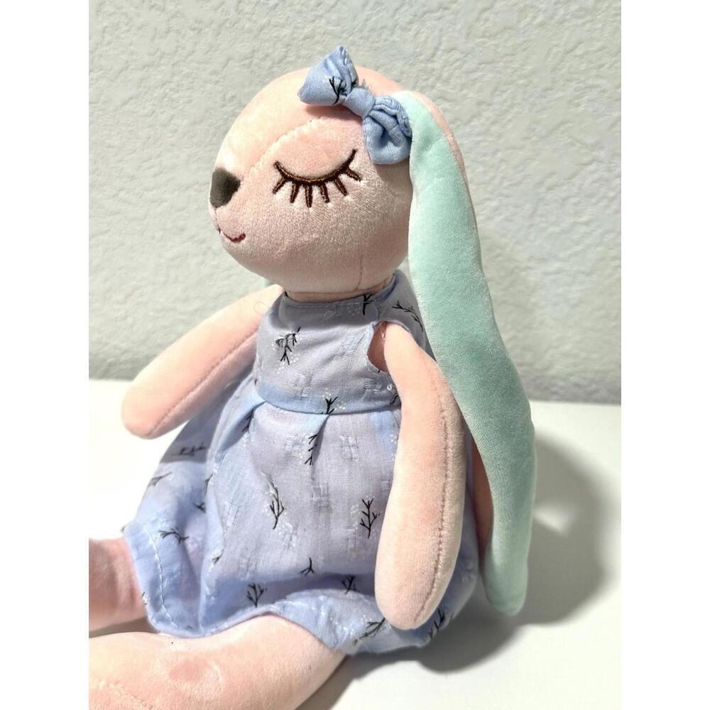 Unbranded Kids Girl Bunny Stuffed Animal Pink Easter Bunny Blue Dress Floral Bow - Picture 7 of 7